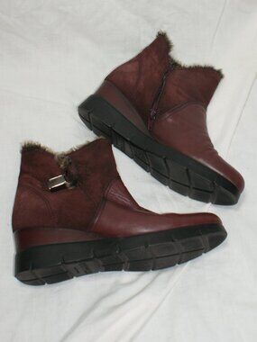 Hispanitas Fur-Lined Wine Colored Leather and Suede Ankle Wedge Boots - 8 EUC